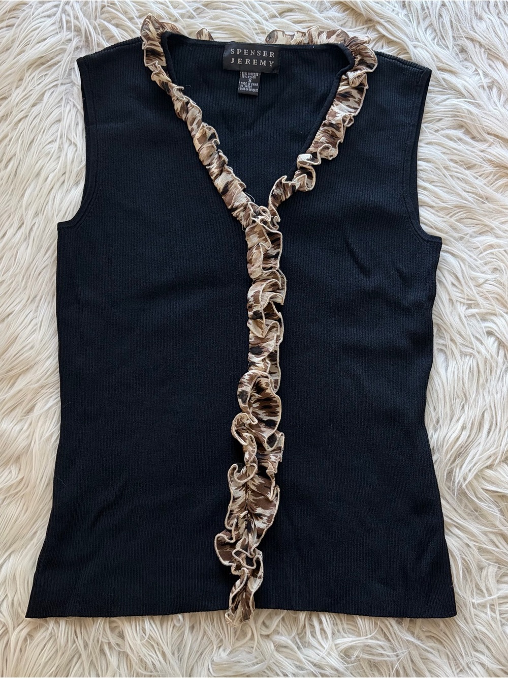 Vintage Y2K Spenser Jeremy Ribbed Knit Tank Top Animal Print Ruffle V Neck Sz S